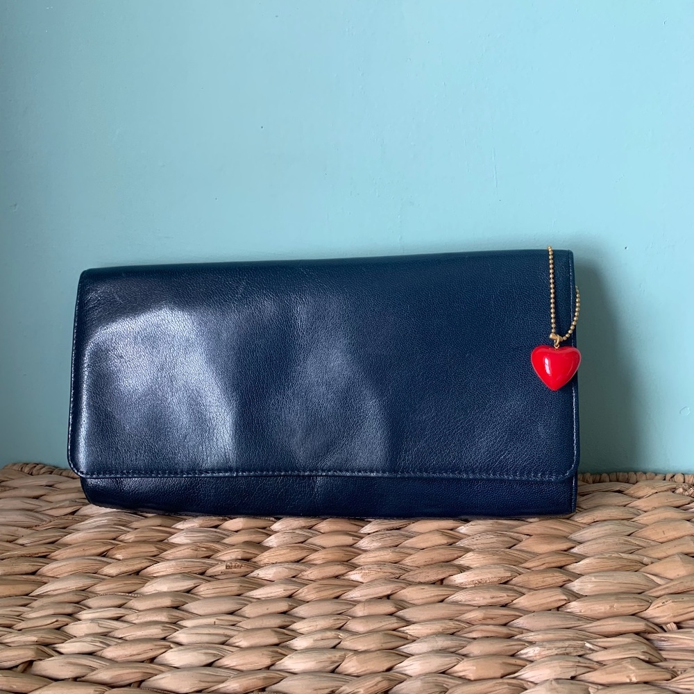 Navy Blue Leather Clutch Purse with Heart Charm